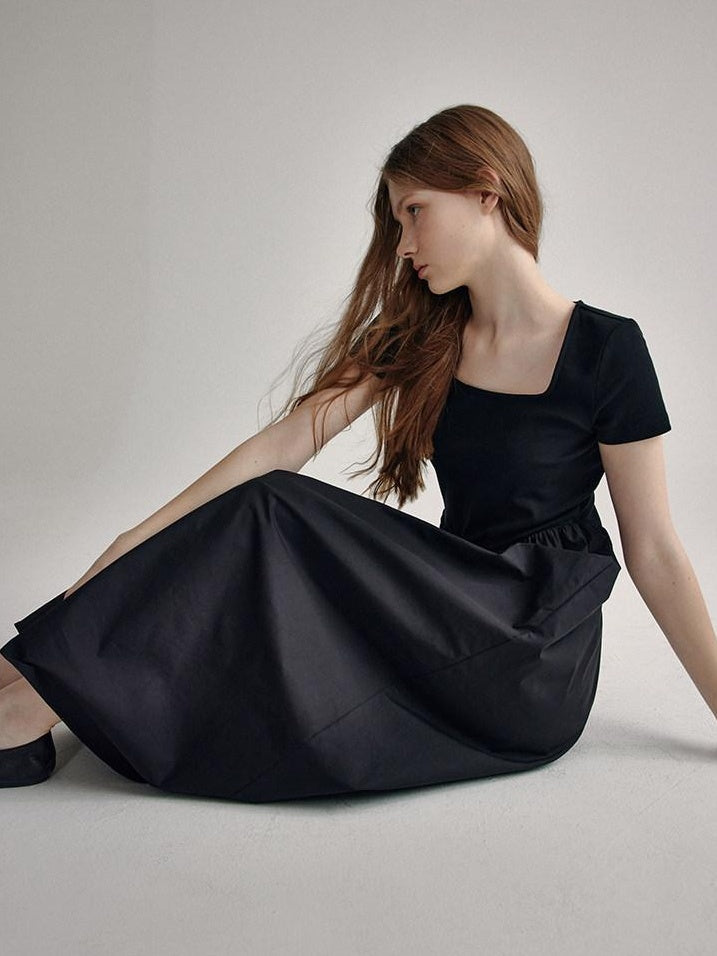 fano Cotton High Waist A Line Square Neck Short Sleeve Office Casual Maxi Dresses