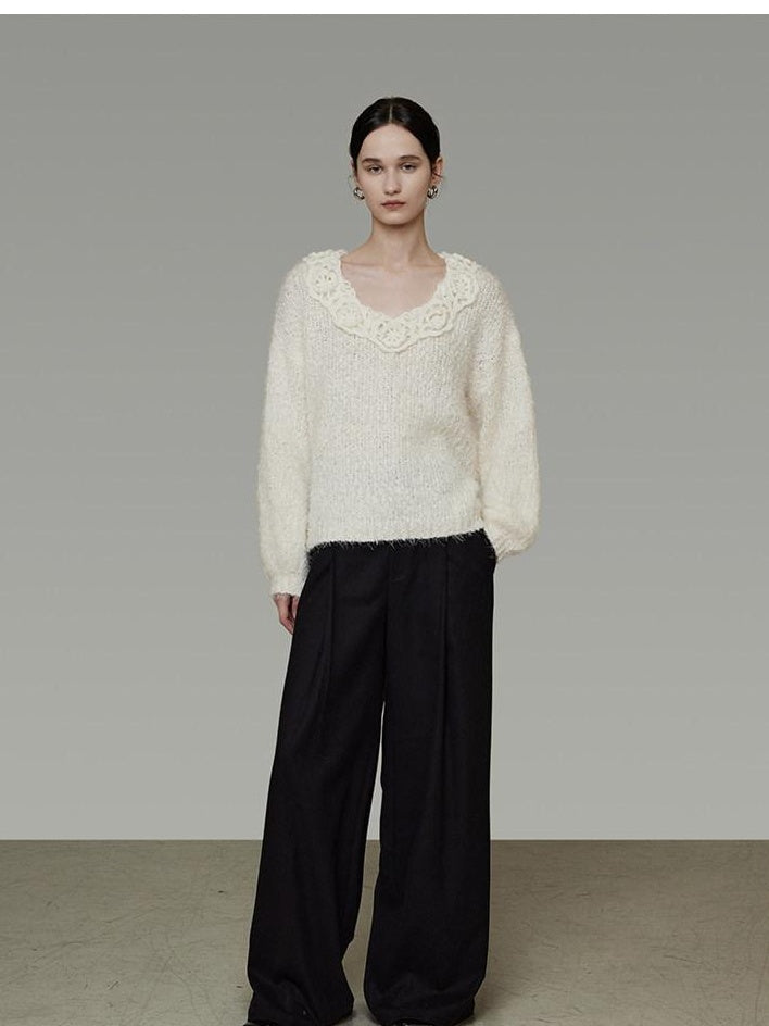 unspoken Cozy Minimal Commuter V-neck Crochet Knit Loose Women Pullover Sweaters