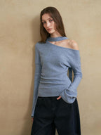 someonesometimes Viscose Blend Casual Slim Asymmetric Neck Knit Long Sleeve Sky Blue Sweaters