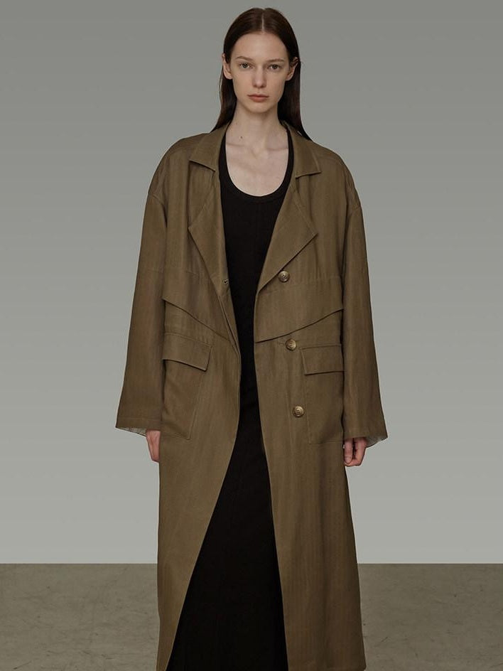 unspoken Minimalist Commuter Loose Long Single Breasted Women Olive Brown Trench Coats