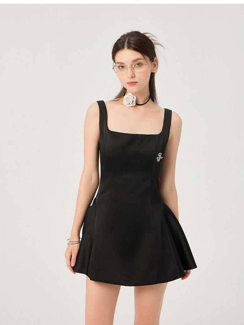 ikyou Waist Cinch Casual A Line Square Neck Sleeveless Black Midi Dresses