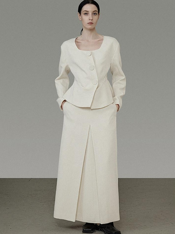 unspoken Slim Office Button Front Long Sleeve Cream Polyester Women Top & Skirt Sets