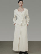unspoken Slim Office Button Front Long Sleeve Cream Polyester Women Top & Skirt Sets