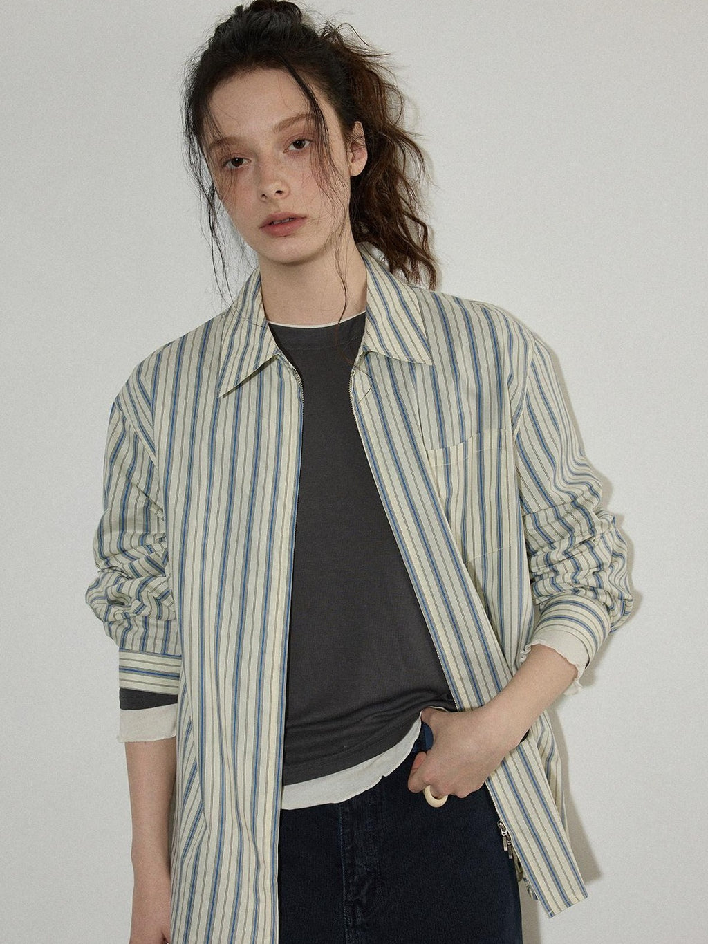 Lofi choose Cotton Blend Colorblock Loose Fit Striped Lapel Zip Women Work Shirts