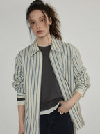 Lofi choose Cotton Blend Colorblock Loose Fit Striped Lapel Zip Women Work Shirts