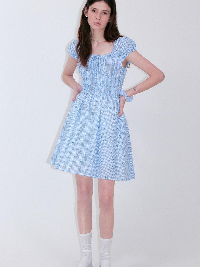 fano Sweet High Waist Puff Sleeve A Line Floral Square Neck Poly Cotton Midi Dresses