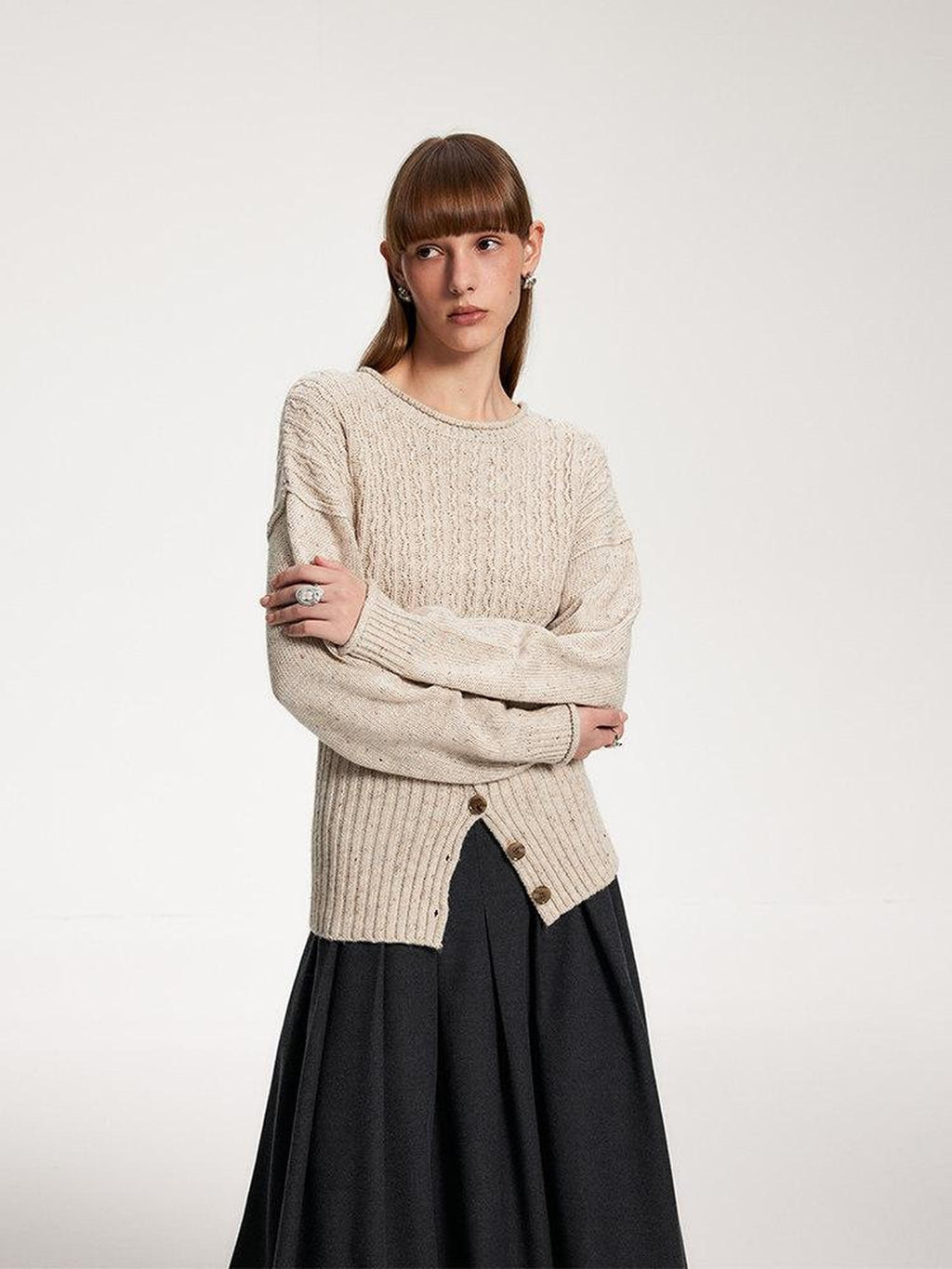 someone sometimes Acrylic Blend Speckled Beige Crew Neck Pullover Office Knitwear Sweaters
