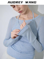 audreyyang Lightweight Lyocell Wool Slim Fit Solid Women Crew Neck Long Sleeve T-Shirts