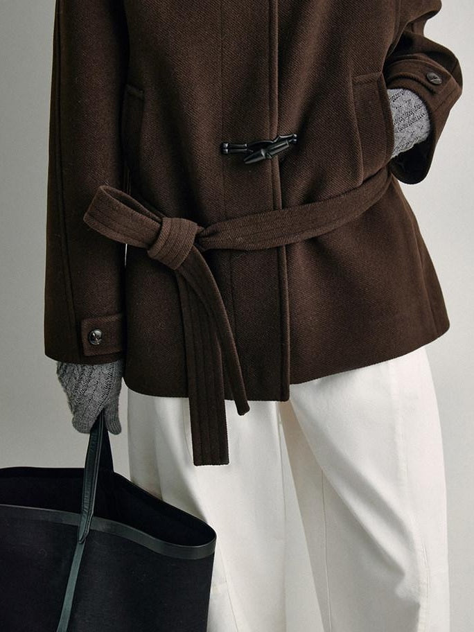 fano Minimal Commuter Straight Midlength Stand Collar Pocket Toggle Women Short Coat