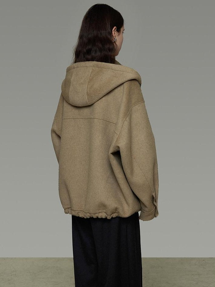 unspoken Premium Sheepswool Minimal Commuter Loose Fit Hooded Zip For Women Wool Coats