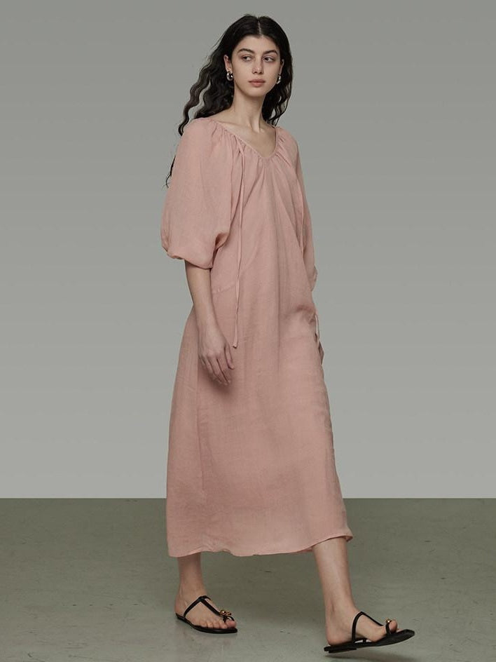 unspoken Breathable Linen Lyocell Blend Minimal A Line V-neck Pleated Women Maxi Dresses
