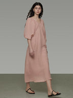 unspoken Breathable Linen Lyocell Blend Minimal A Line V-neck Pleated Women Maxi Dresses
