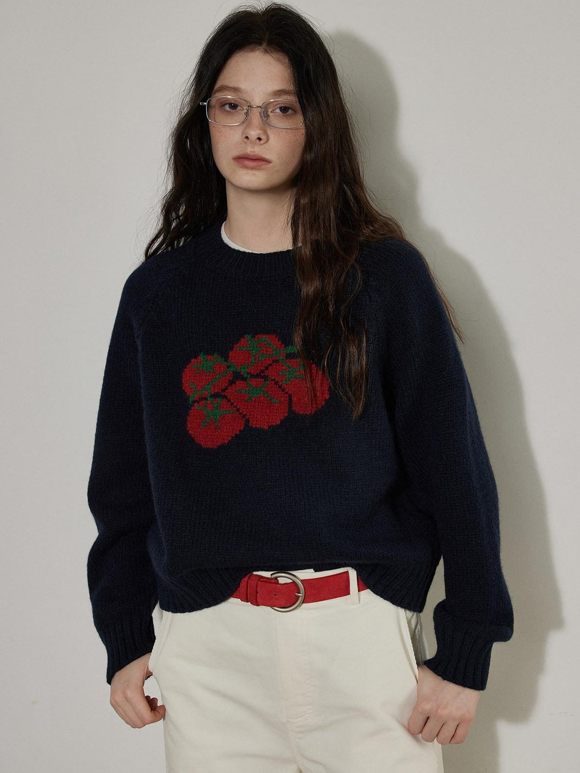 Lofi choose Cozy Crew Neck Loose Fit Office Knit Pullover Off White Navy Sweaters