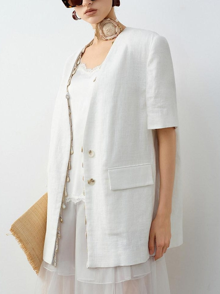 audreyyang Breathable Linen Short Sleeve Minimalist Back Vent Casual Womens Blazers