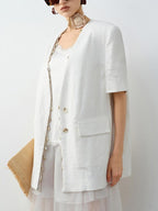 audreyyang Breathable Linen Short Sleeve Minimalist Back Vent Casual Womens Blazers