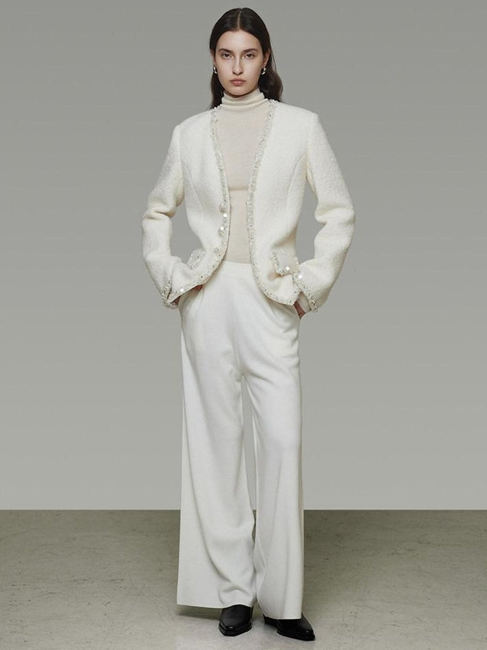 unspoken Soft Ivory Wool Blend Tailored Slim V-neck Long Sleeve Commuter Cardigans