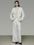 unspoken Soft Ivory Wool Blend Tailored Slim V-neck Long Sleeve Commuter Cardigans