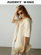 audreyyang Pure Linen Commuter Loose Fit Short Sleeve V-neck Women White Blazers