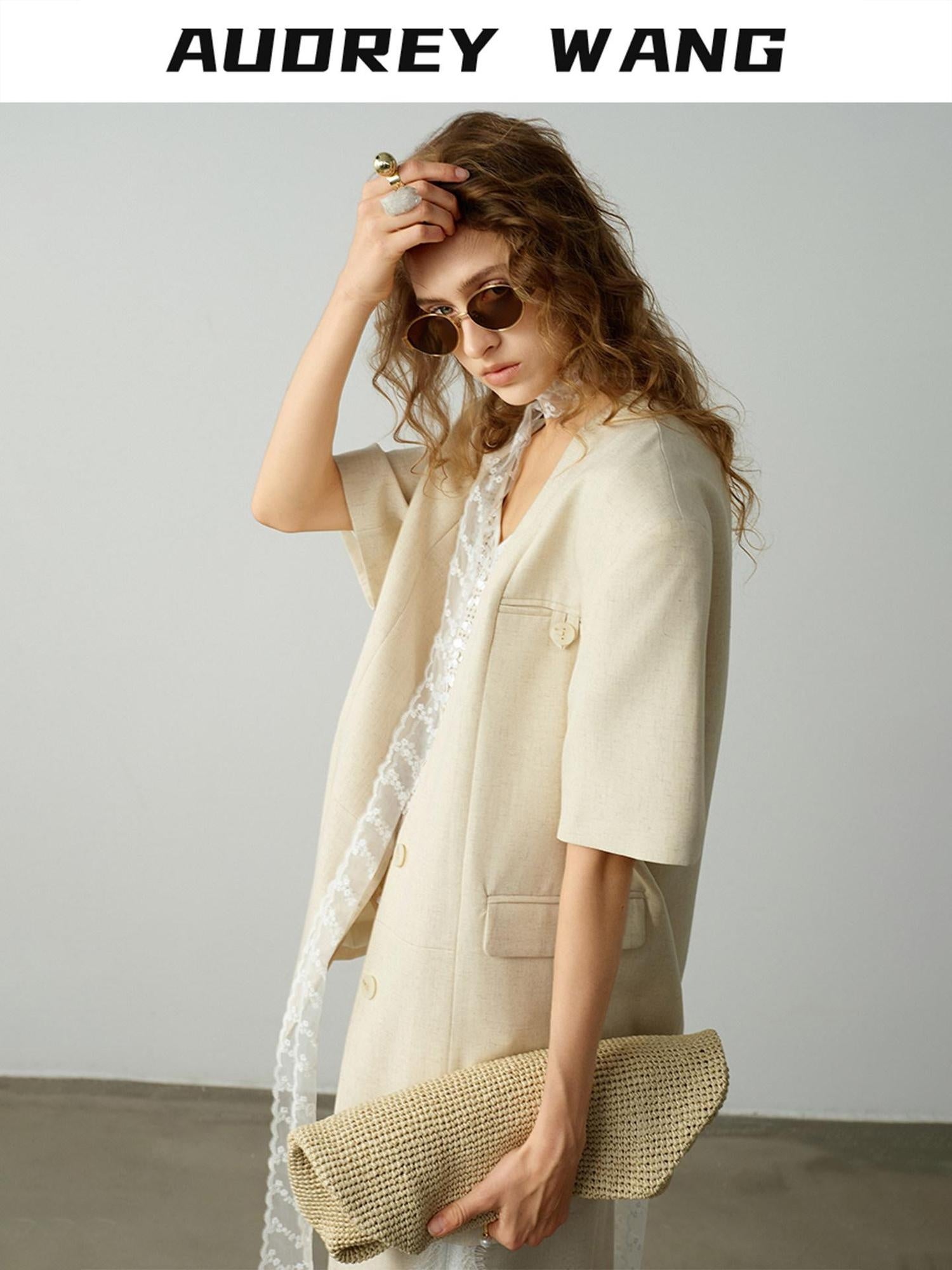 audreyyang Pure Linen Commuter Loose Fit Short Sleeve V-neck Women White Blazers
