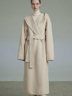 unspoken Premium 90 Wool 10 Alpaca Hooded Minimal Straight Long Oatmeal Wool Coats