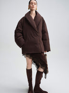 audreyyang Warm 90% Duck Down Loose Casual Stand Collar Women Chocolate Brown Down Jackets