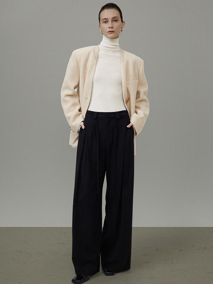 unspoken Cream Wool Blend Commuter Loose Fit V-neck Single Button Women Wool Coats