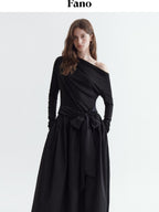 fano Viscose Blend Asymmetric Neck A Line Long Sleeve Workwear Women Maxi Dresses
