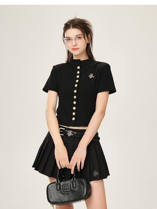 ikyou 3D Embellished Minimal Slim Short Sleeve Stand Collar Black Knit Women Cardigans