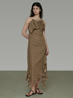 unspoken Cotton High Waist Irregular Hem Minimal Work Strappy Brown Maxi Dresses