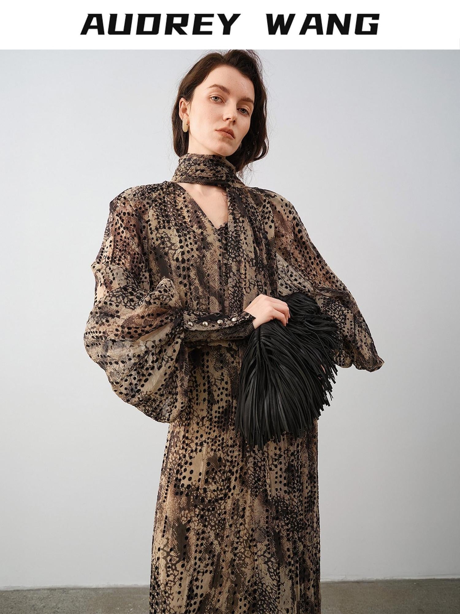 audreyyang Black Polka Dot Viscose Blend Puff Sleeve Cinched Waist Women Maxi Dresses