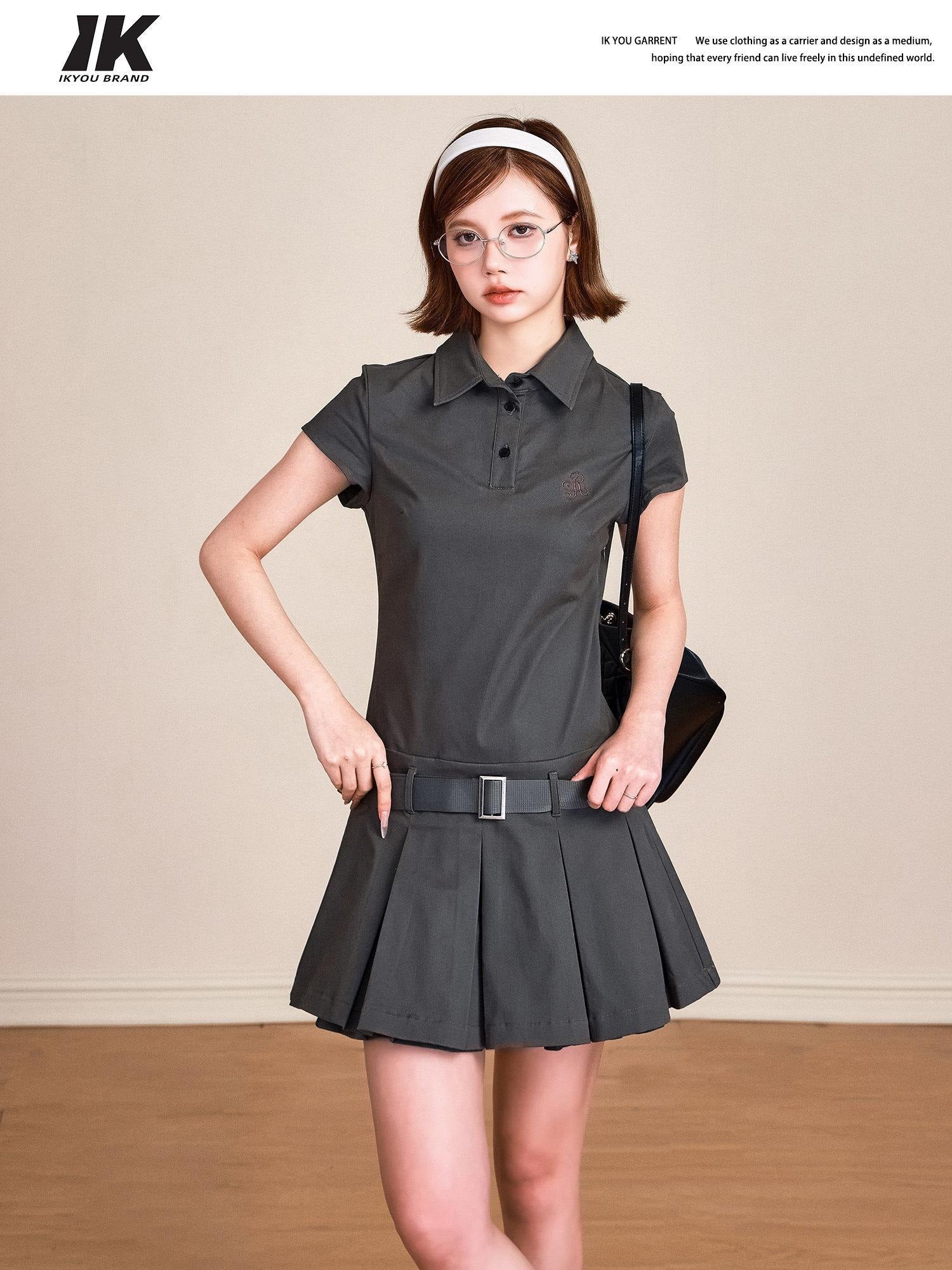 ikyou Embroidered 100 Percent Cotton Polo A Line Short Sleeve Gray Midi Dresses