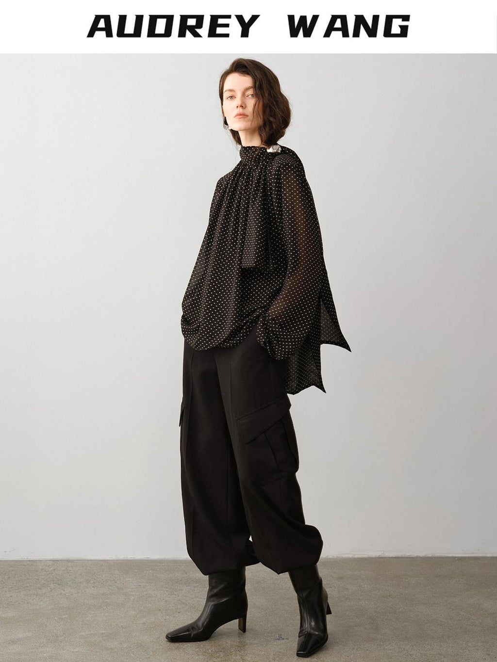 audreyyang High Waist Korean Workwear Black Polyester Viscose Wide Leg Pants