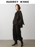 audreyyang High Waist Korean Workwear Black Polyester Viscose Wide Leg Pants