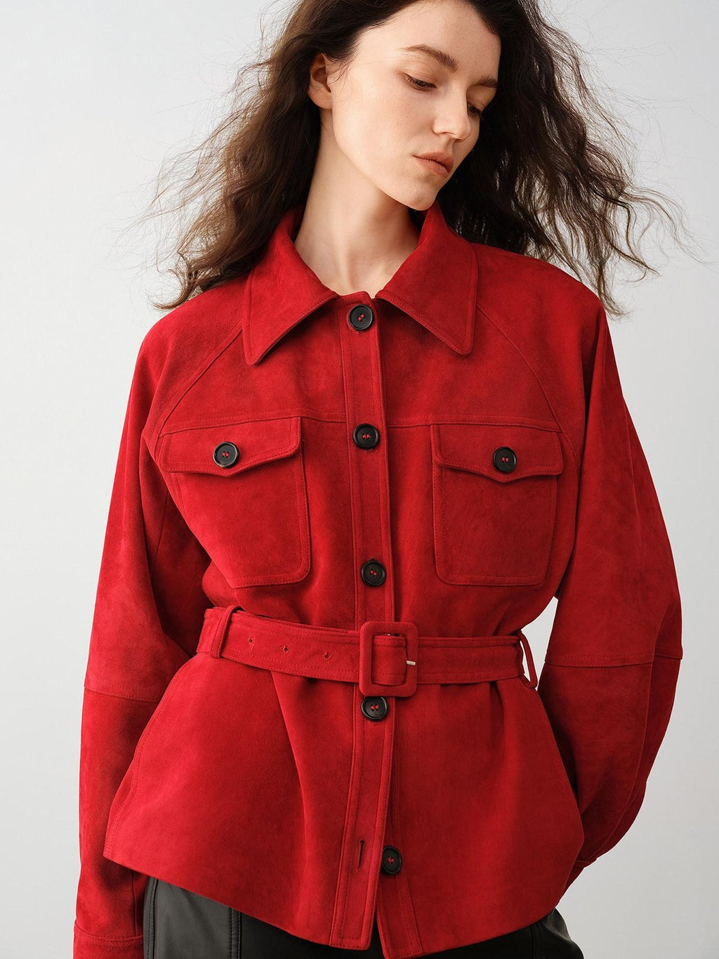 audreyyang Premium Lambskin Loose Fit Lapel Button Women Chinese Red Cropped Jackets