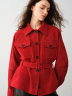 audreyyang Premium Lambskin Loose Fit Lapel Button Women Chinese Red Cropped Jackets