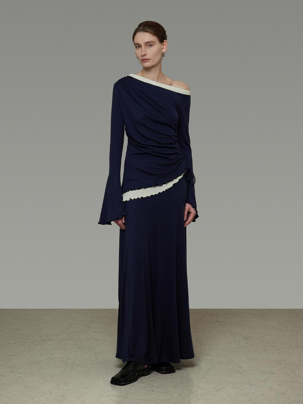 unspoken Navy Tencel Slim Fit Knit Round Neck High Waist Casual Women Top & Skirt Sets
