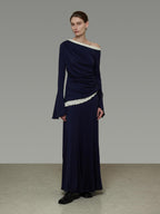 unspoken Navy Tencel Slim Fit Knit Round Neck High Waist Casual Women Top & Skirt Sets