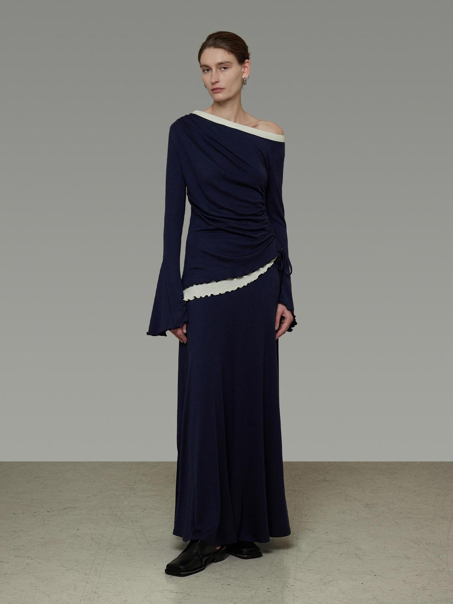 unspoken Navy Tencel Slim Fit Knit Round Neck High Waist Casual Women Top & Skirt Sets