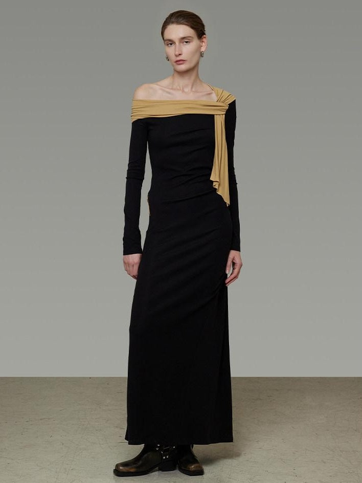 unspoken Breathable Lyocell Knit Slim A Line Waist Cinch V-neck Black Ladies Maxi Dresses