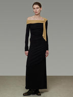 unspoken Breathable Lyocell Knit Slim A Line Waist Cinch V-neck Black Ladies Maxi Dresses
