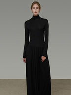 unspoken Modal Knit Turtleneck Slim Waist Long Sleeve City Workwear Black Maxi Dresses