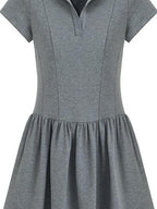 fano Soft Cotton Vintage Polo Collar A Line Natural Waist Girl Deep Gray Midi Dresses