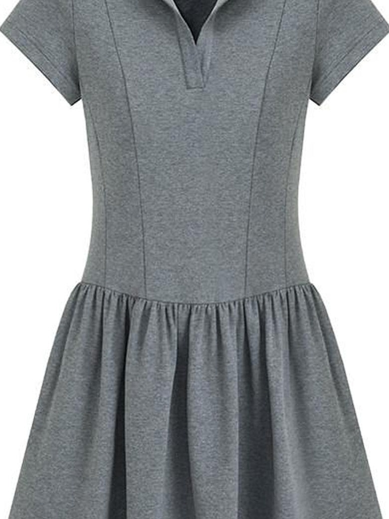 fano Soft Cotton Vintage Polo Collar A Line Natural Waist Girl Deep Gray Midi Dresses