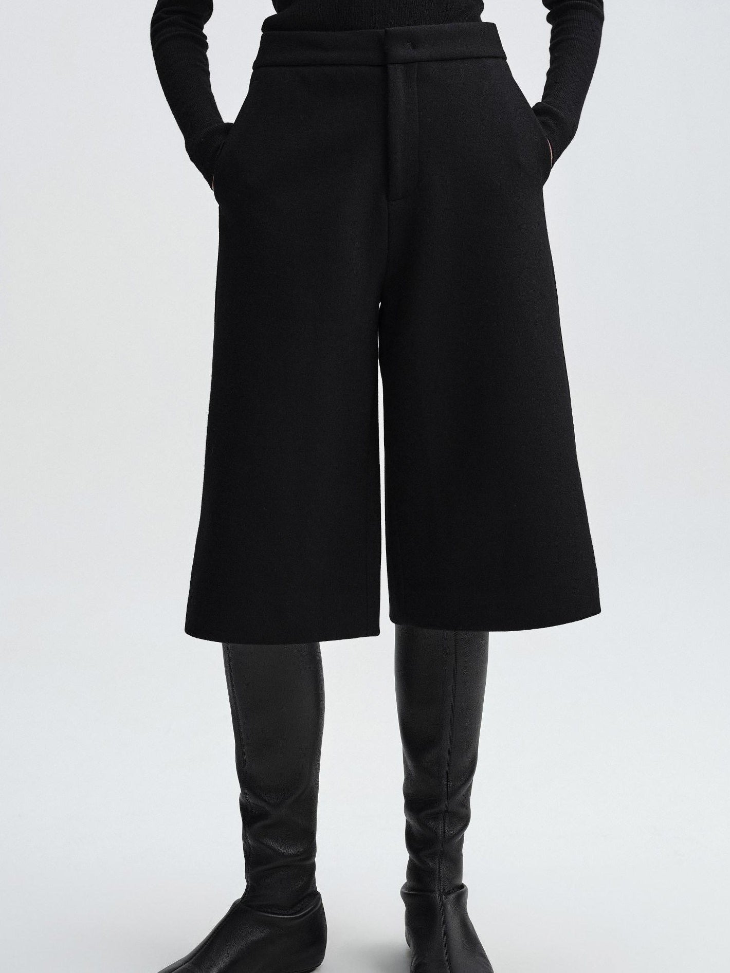 audreyyang Wool Blend Minimalist Wide Leg Natural Waist Womens Workwear Mid-Length Shorts