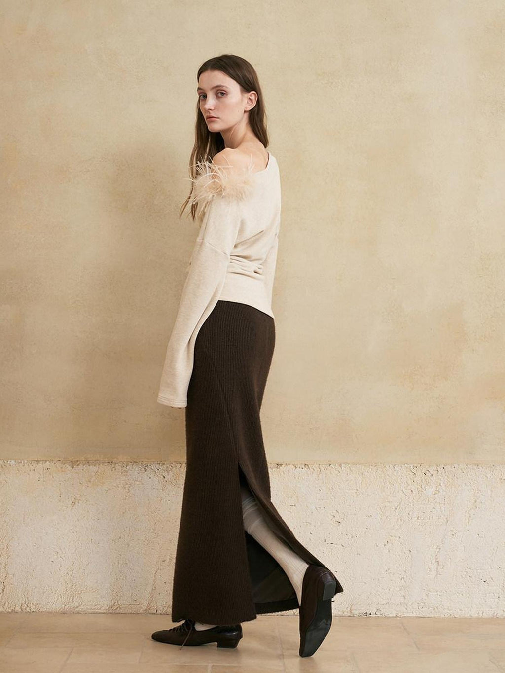 someone sometimes Lined Mid Waist Slit Casual Straight Knit Dark Brown Daily Maxi Skirts