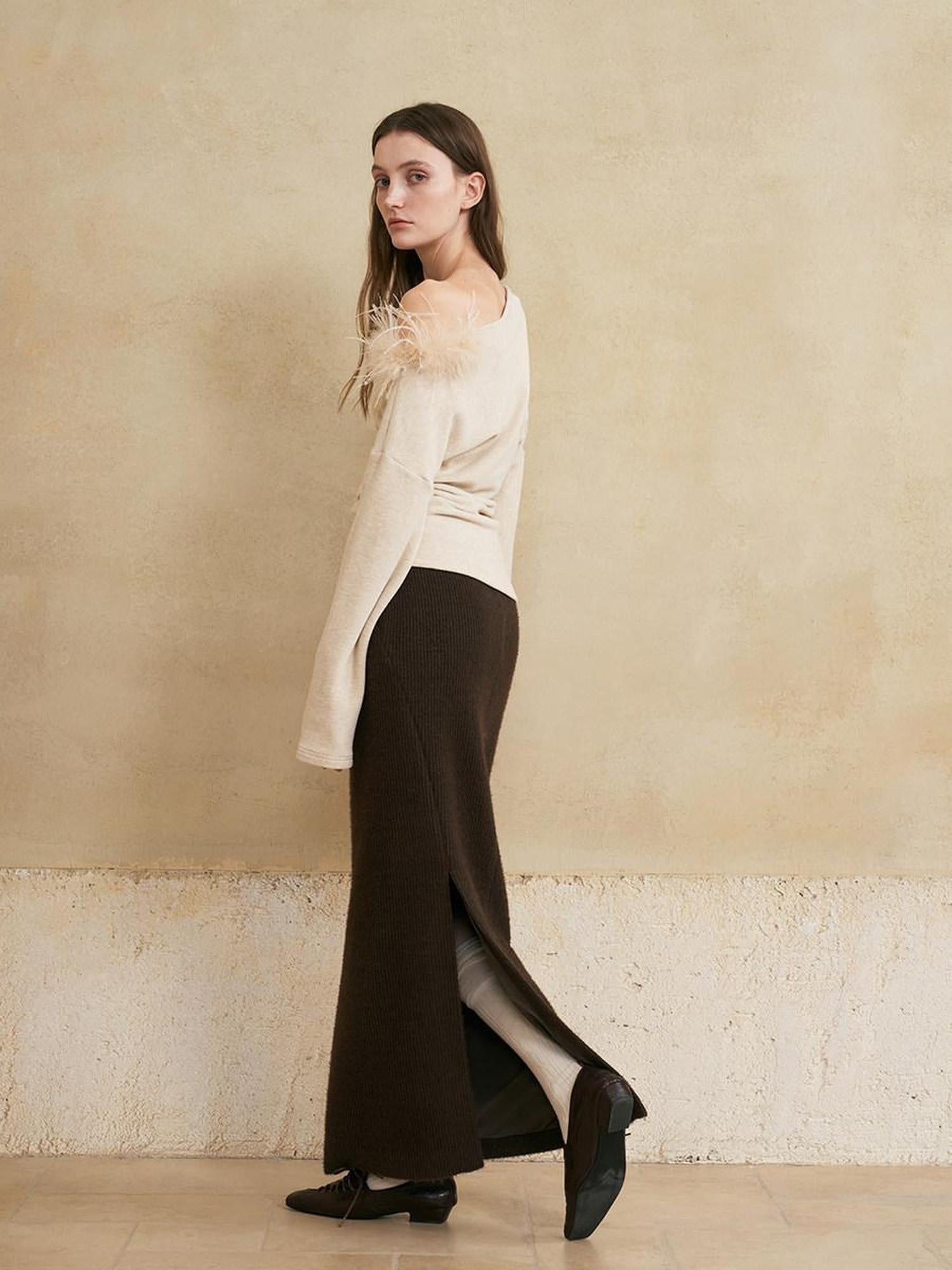 someone sometimes Lined Mid Waist Slit Casual Straight Knit Dark Brown Daily Maxi Skirts