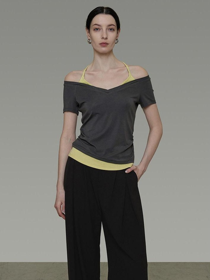 unspoken Moisture Wicking Lyocell Slim V-neck Patchwork Grey Green Halter Crop Tops