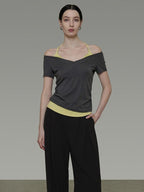 unspoken Moisture Wicking Lyocell Slim V-neck Patchwork Grey Green Halter Crop Tops