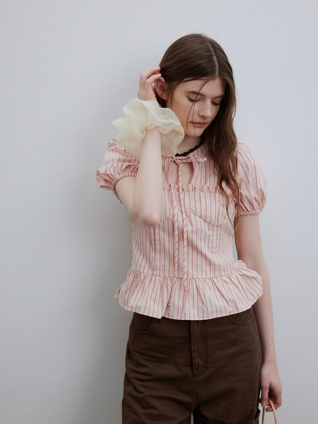Lofi choose Puff Sleeve Tie Neck Loose Fit Office Workwear Short Sleeve White Pink Blouses