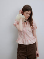 Lofi choose Puff Sleeve Tie Neck Loose Fit Office Workwear Short Sleeve White Pink Blouses